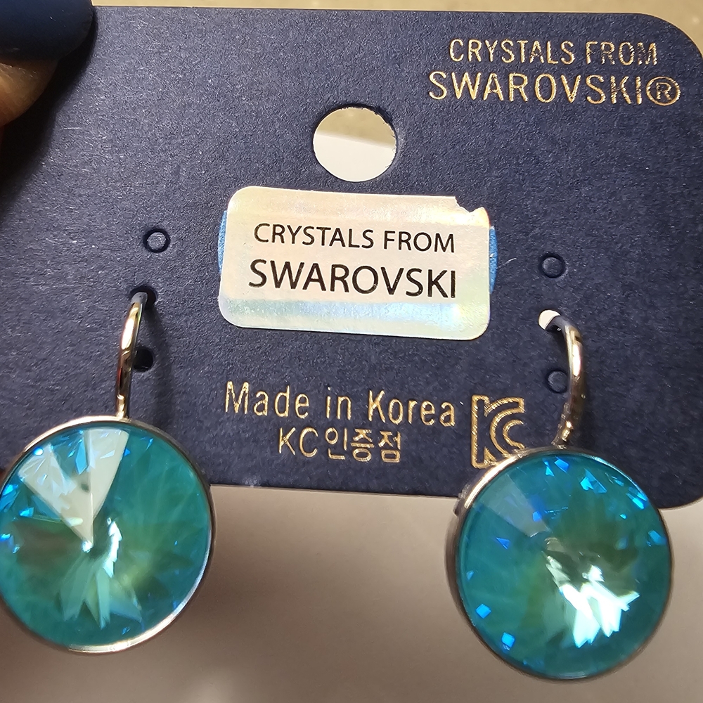 Swarovski Elements NWT Coral Blue Crystal Leverback Dangle‎ Round Earrings